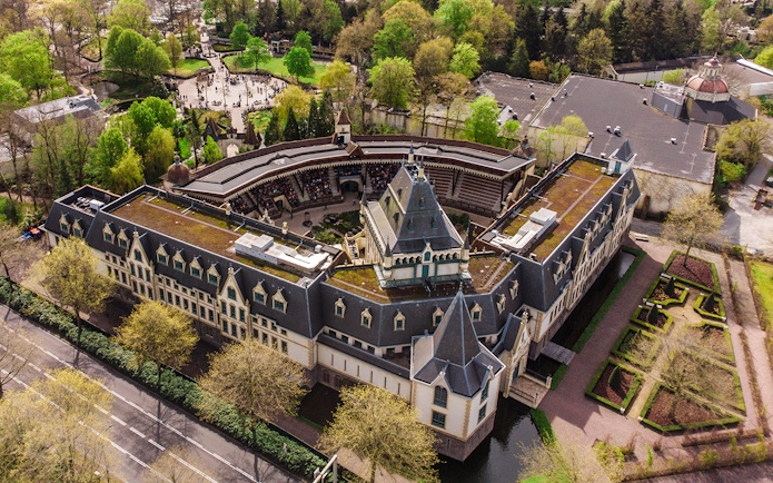 Aerial view of Efteling Amusement Park's theater and gardens in the Netherlands.