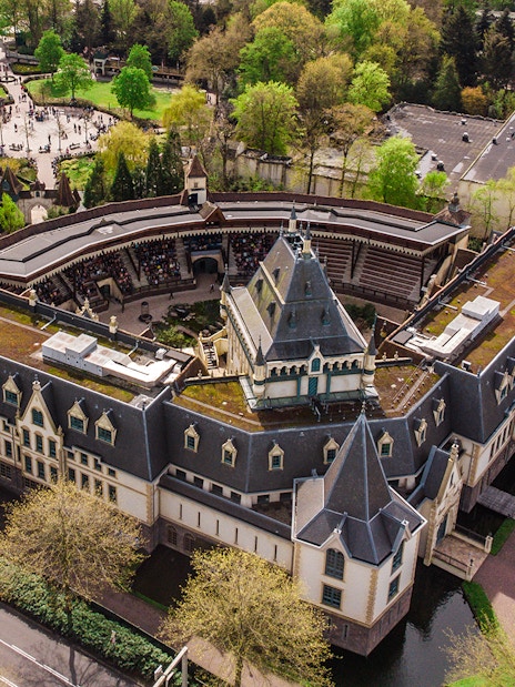 Aerial view of Efteling Amusement Park's theater and gardens in the Netherlands.
