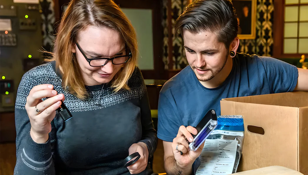 Participants solving clues in a Sherlock Holmes-themed escape room experience.