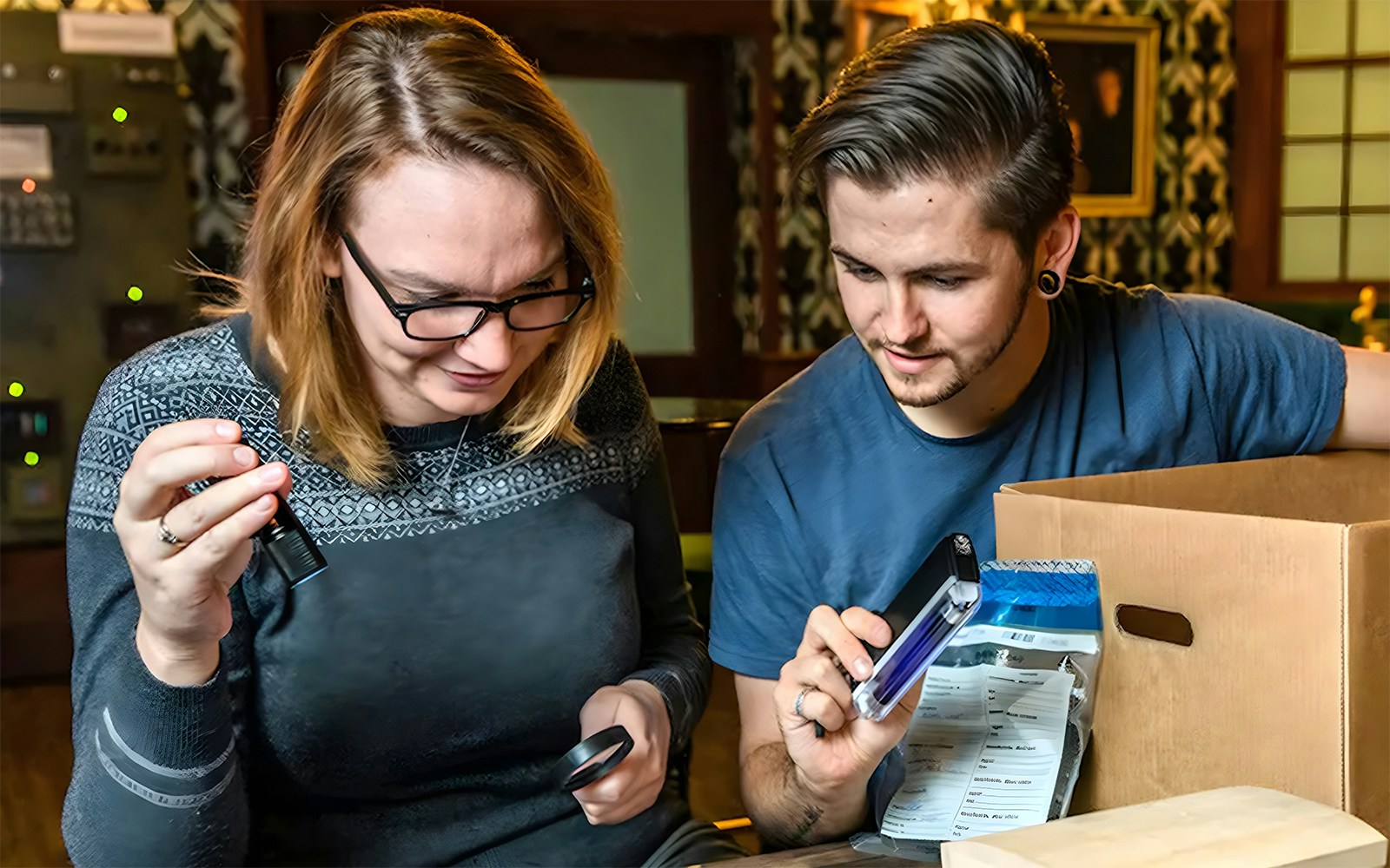 Participants solving clues in a Sherlock Holmes-themed escape room experience.