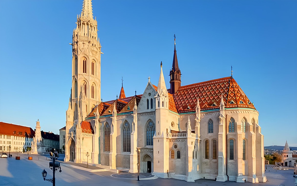 Matthias Church in Budapest's Castle District during a guided walking tour.