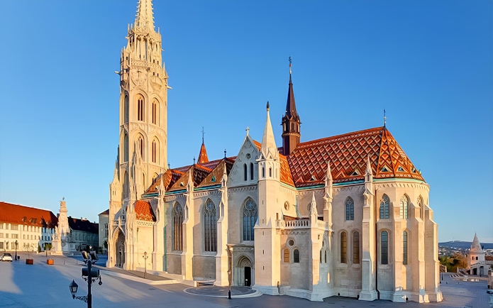 Matthias Church in Budapest's Castle District during a guided walking tour.
