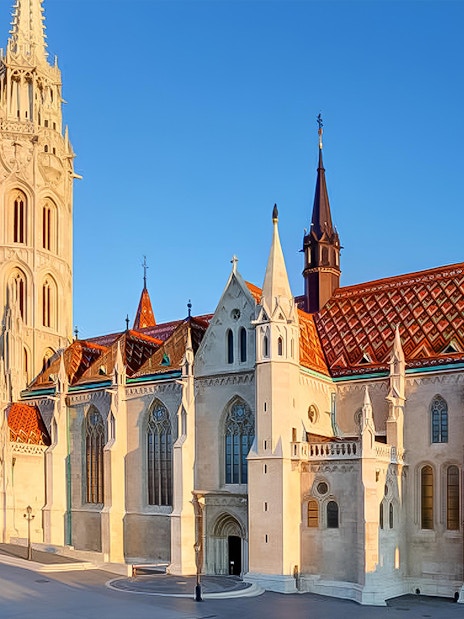 Matthias Church in Budapest's Castle District during a guided walking tour.
