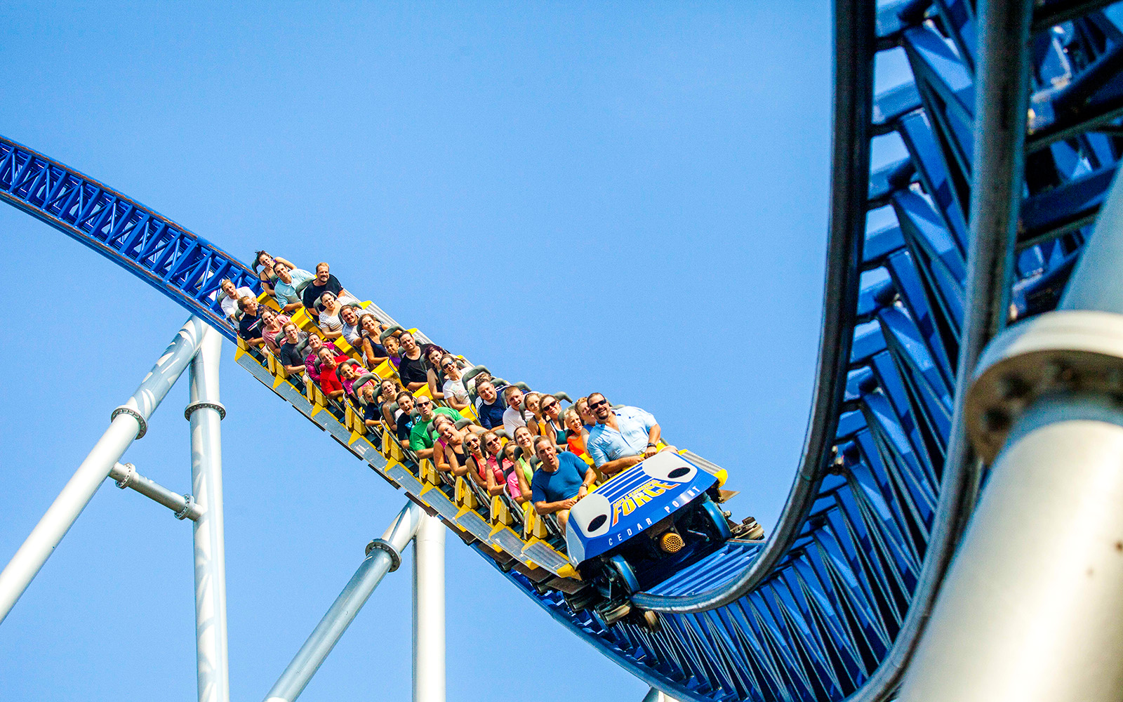 Riders on Millennium Force roller coaster at Cedar Point, Ohio.
