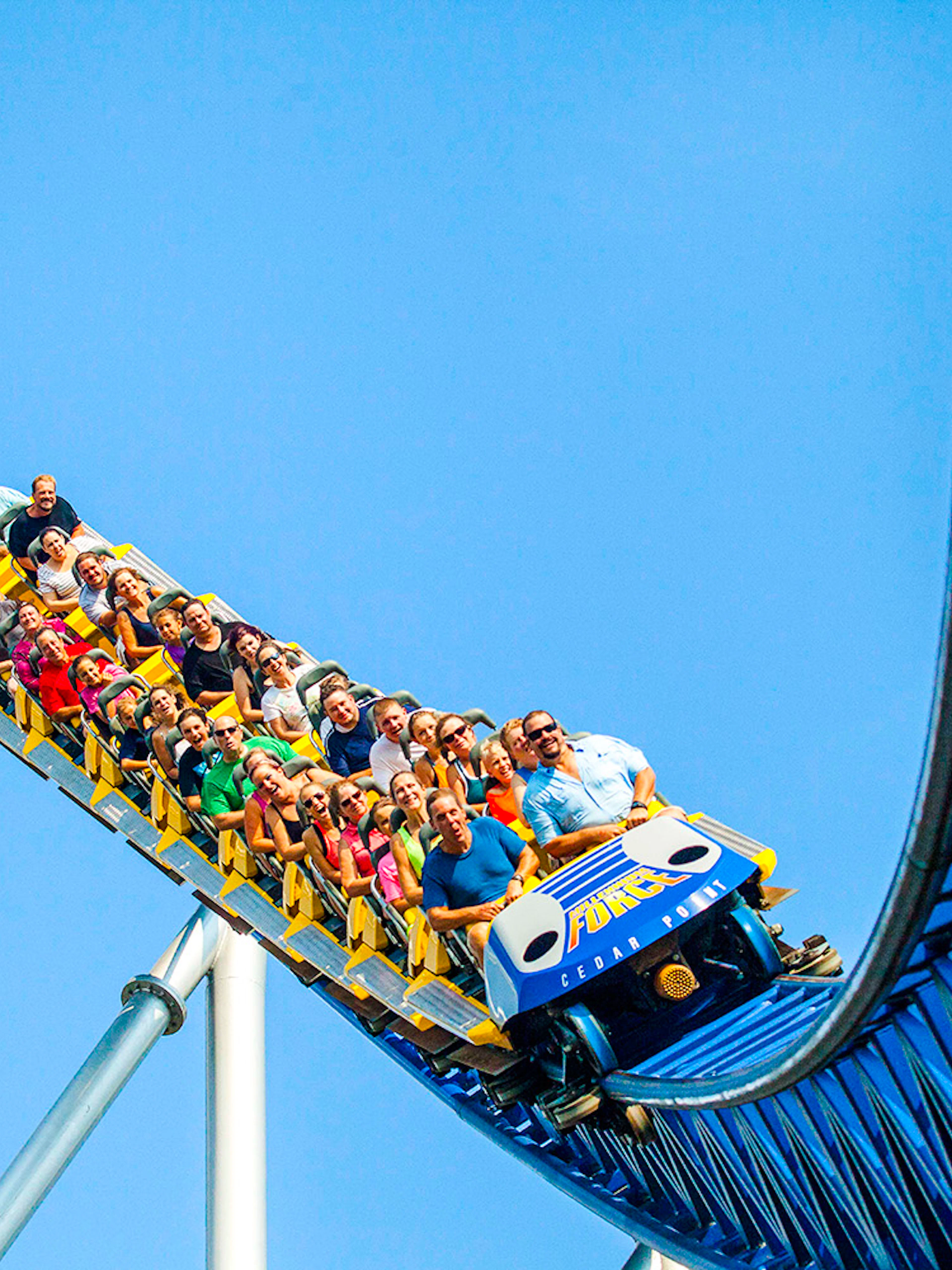 Riders on Millennium Force roller coaster at Cedar Point, Ohio.