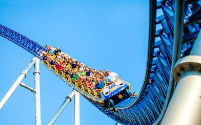Riders on Millennium Force roller coaster at Cedar Point, Ohio.