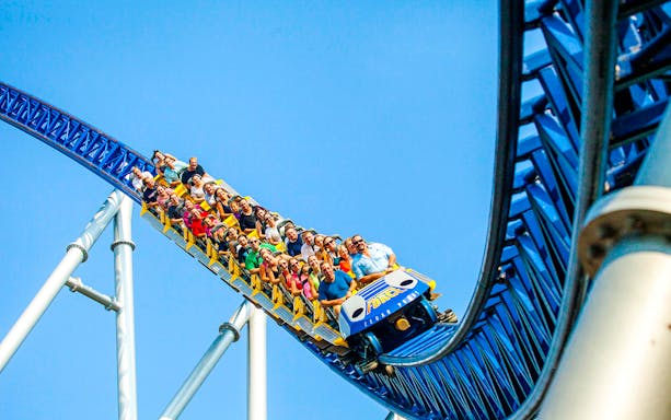 Riders on Millennium Force roller coaster at Cedar Point, Ohio.