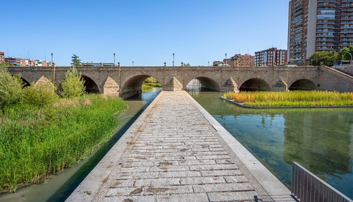 Stone bridge over the Manzanares River in Madrid with surrounding greenery.