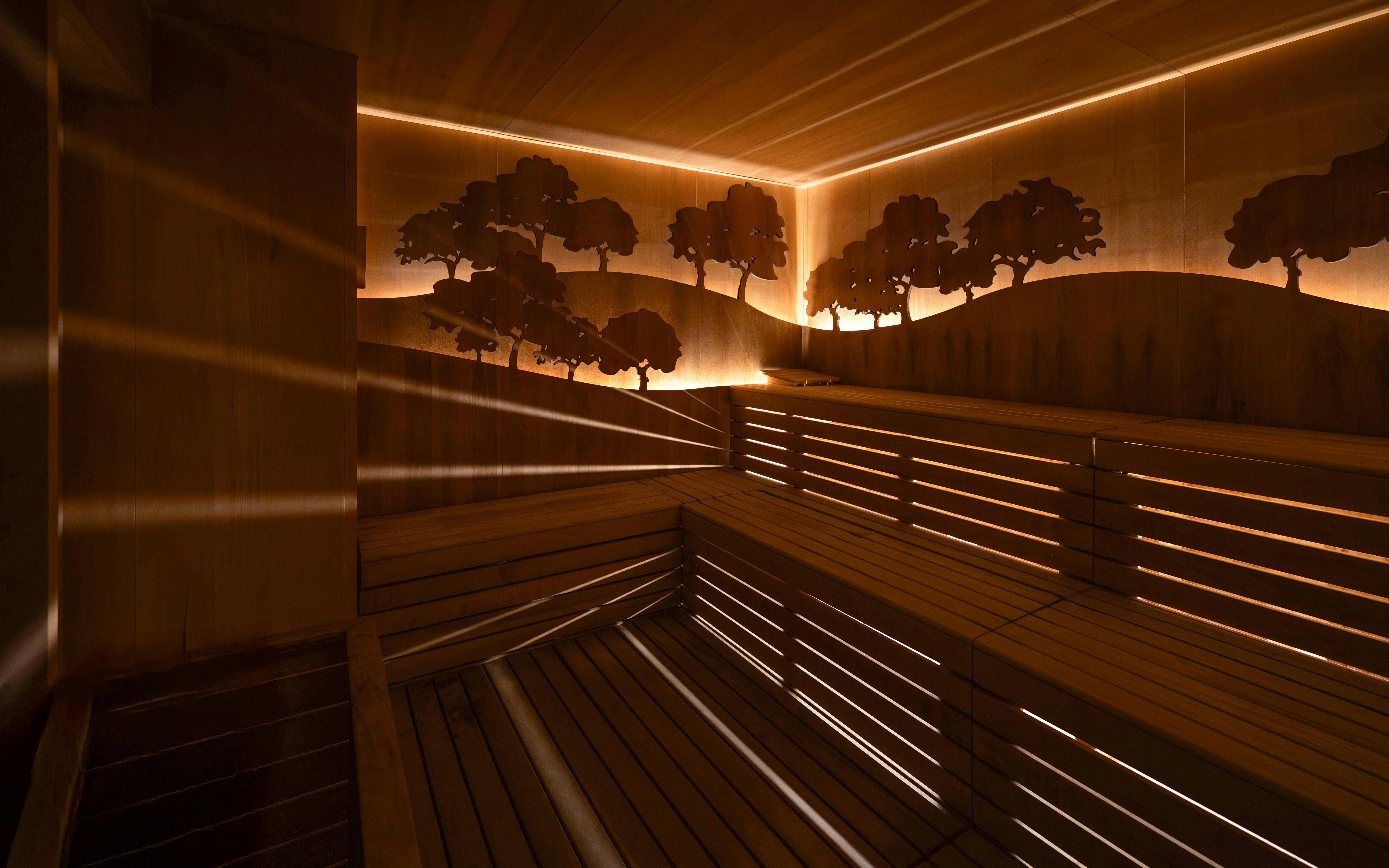 Sauna room with wooden benches and tree silhouette decor at QC Terme Garda.