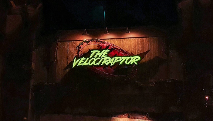 Roller coaster ride at IMG Worlds of Adventure, Dubai, featuring the Velociraptor attraction.