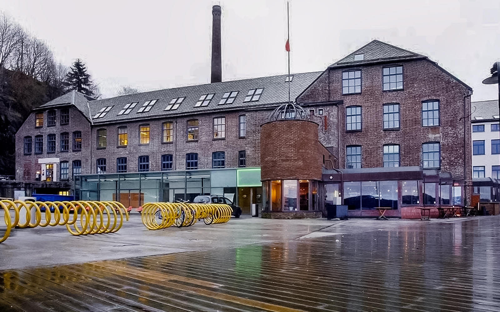 Historic brick building in Bergen, Norway, seen during a sightseeing cruise.