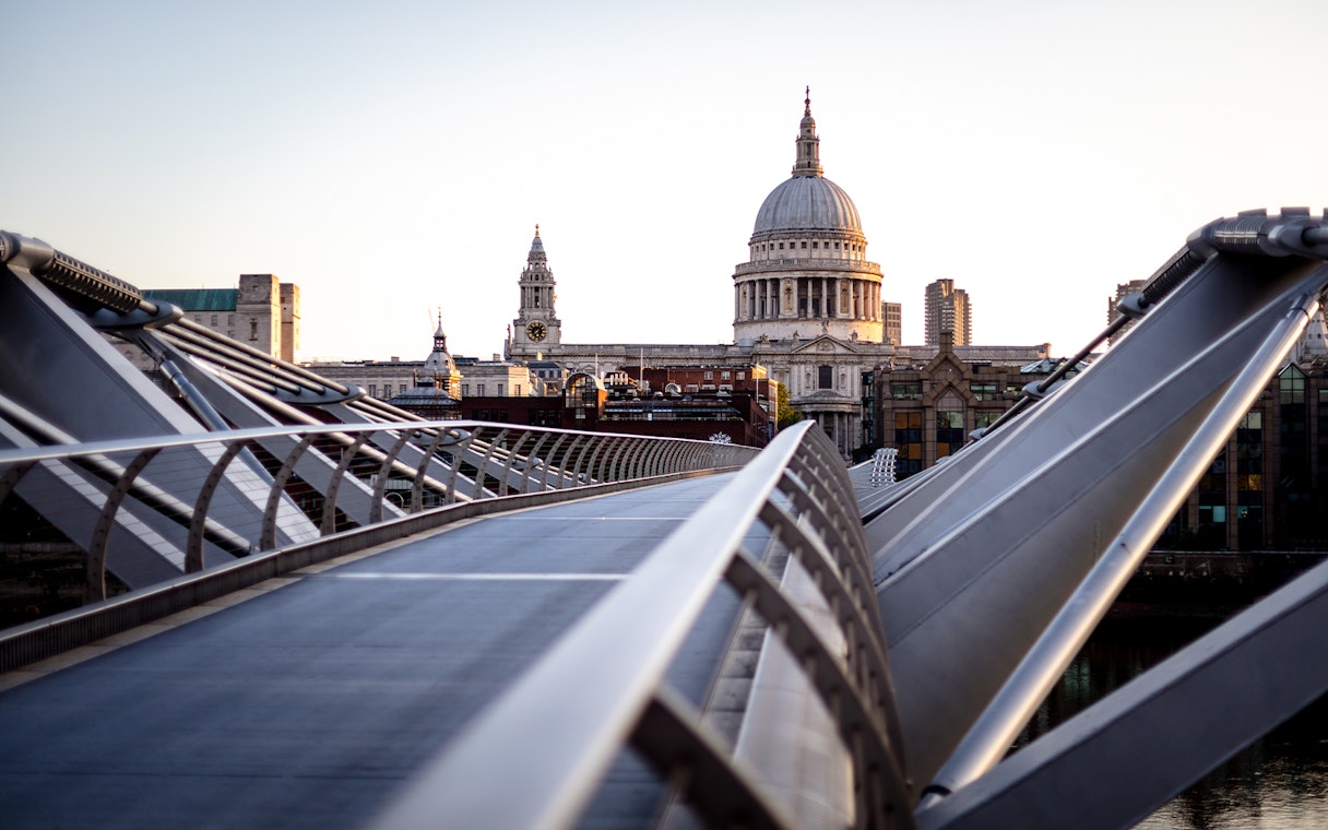 Millennium Bridge leading to St. Paul's Cathedral, featured in Harry Potter London Film Locations Tour.