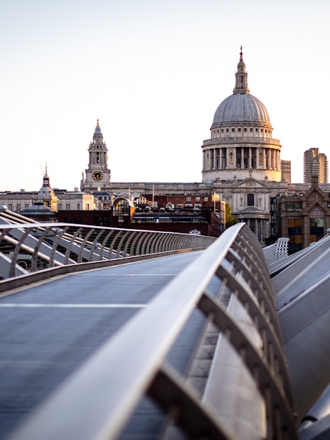 Millennium Bridge leading to St. Paul's Cathedral, featured in Harry Potter London Film Locations Tour.
