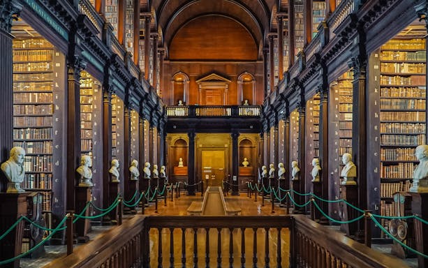 Long Room at Trinity College Library, Dublin, lined with books and marble busts.