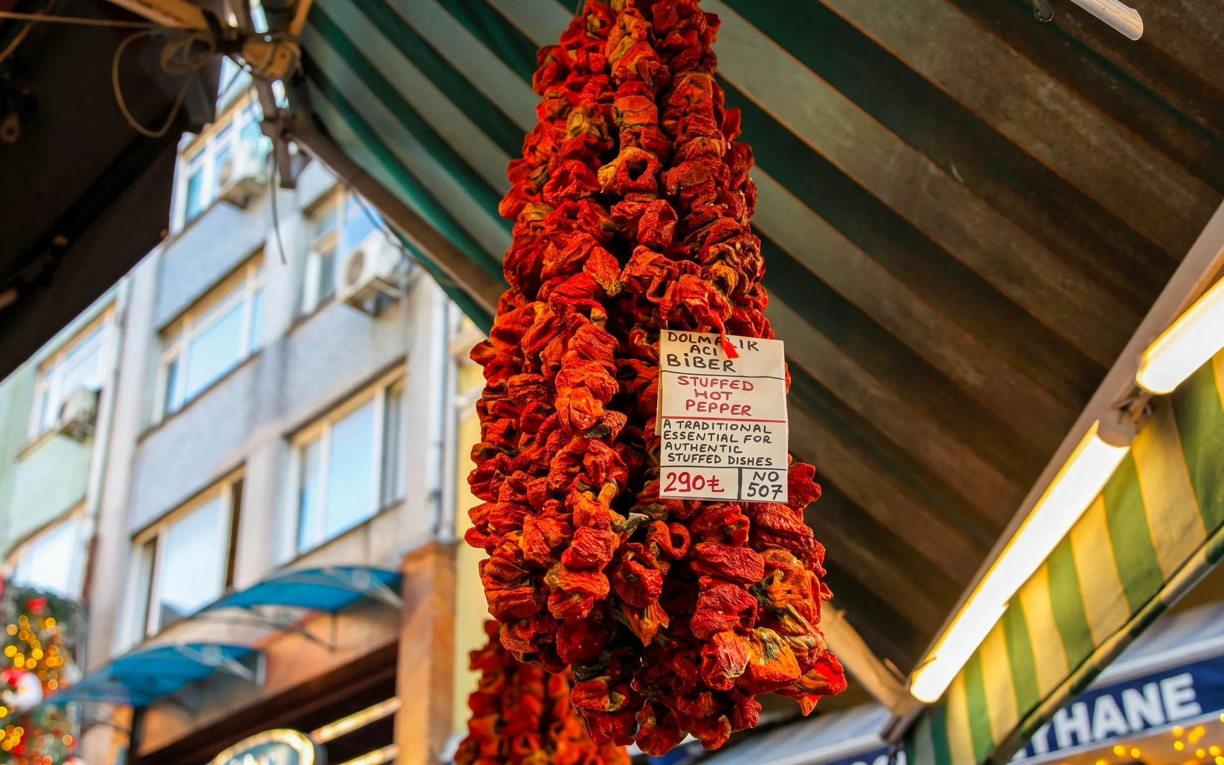 Dried stuffed peppers hanging in an Istanbul market during a food tour.