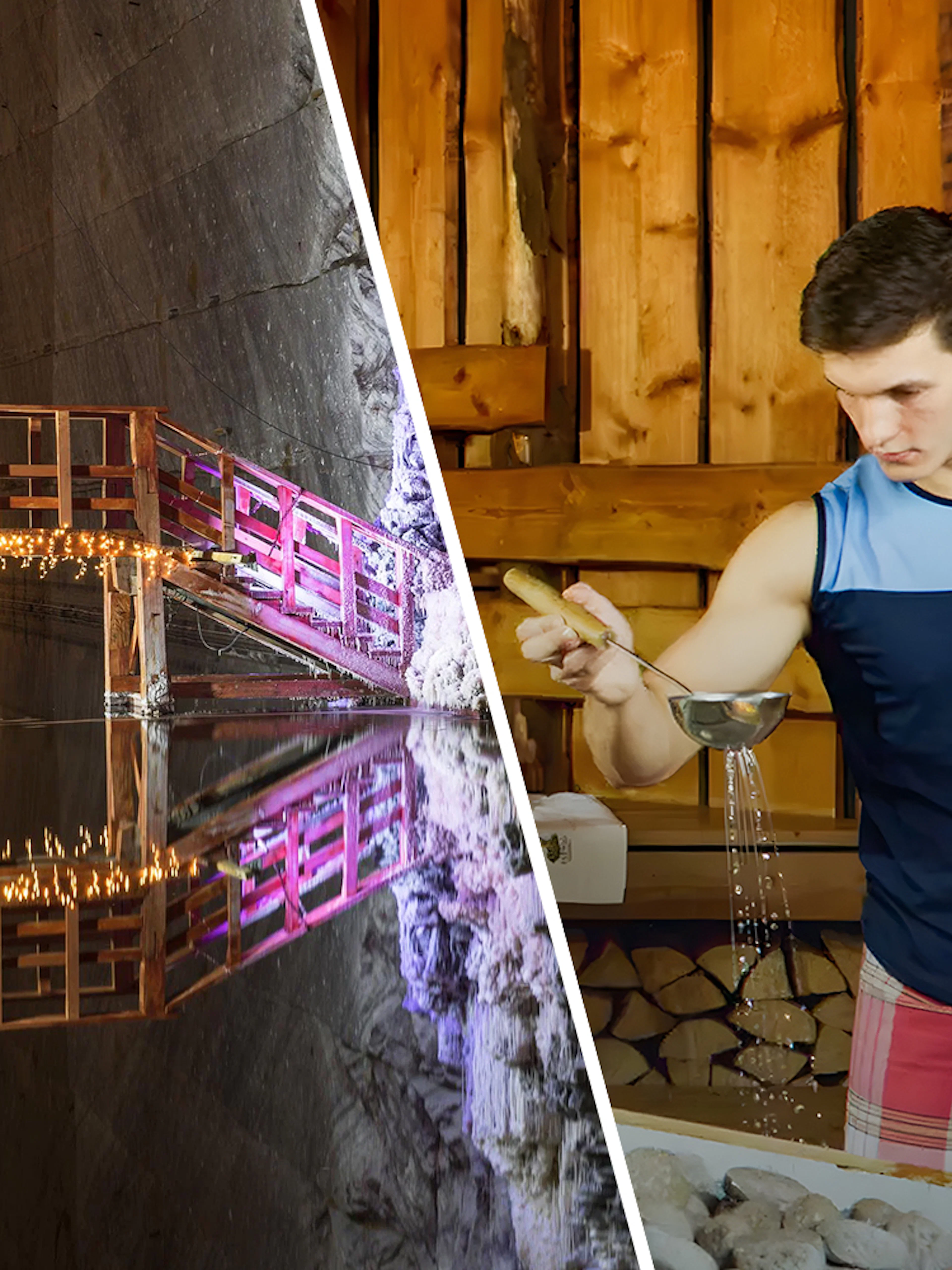 Therme Bucuresti spa experience and Slanic Salt Mine illuminated bridge.