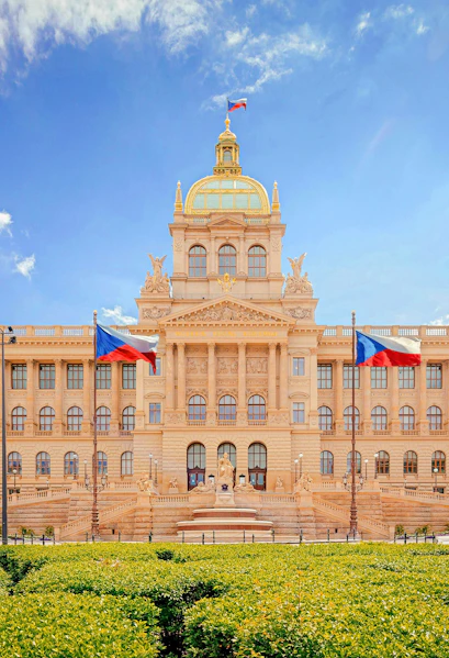 National Museum facade with equestrian statue of Saint Vaclav, Wenceslas Square, Prague, Czech Republic.