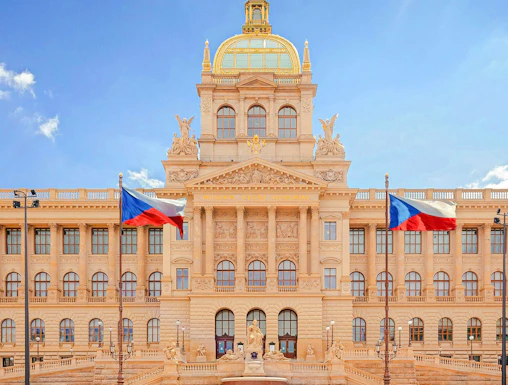 National Museum facade with equestrian statue of Saint Vaclav, Wenceslas Square, Prague, Czech Republic.