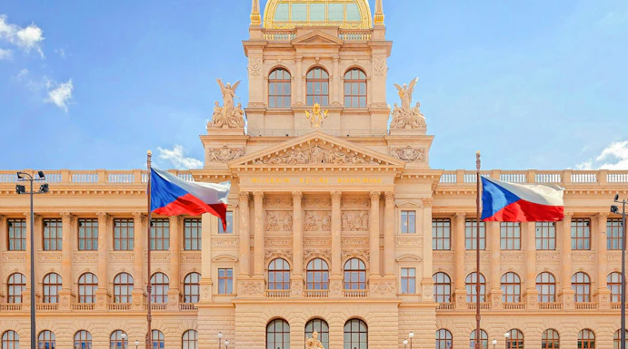 National Museum facade with equestrian statue of Saint Vaclav, Wenceslas Square, Prague, Czech Republic.