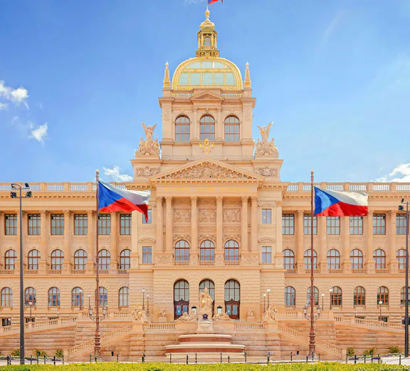 National Museum facade with equestrian statue of Saint Vaclav, Wenceslas Square, Prague, Czech Republic.