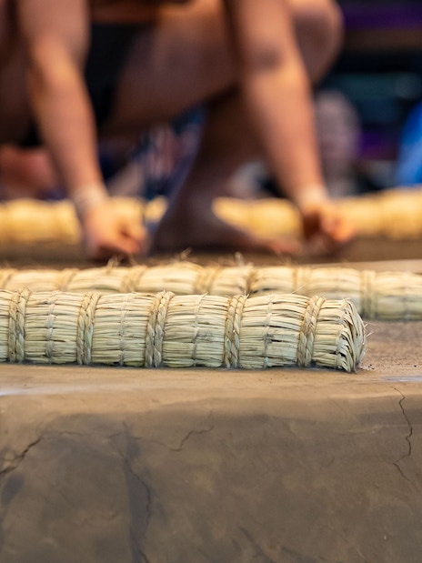 Sumo wrestlers preparing on the straw ring in Tokyo tournament.