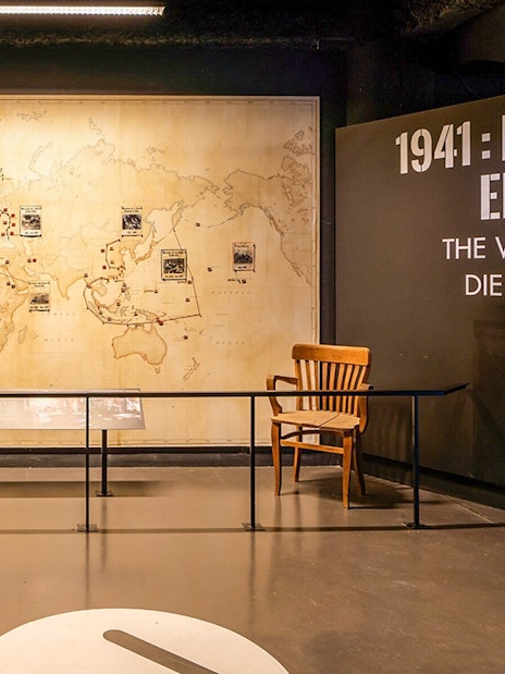 World War II map display at Caen Memorial Museum, France.
