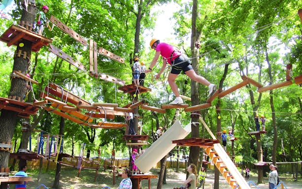 Visitors navigating a treetop adventure course at Paradis Land.