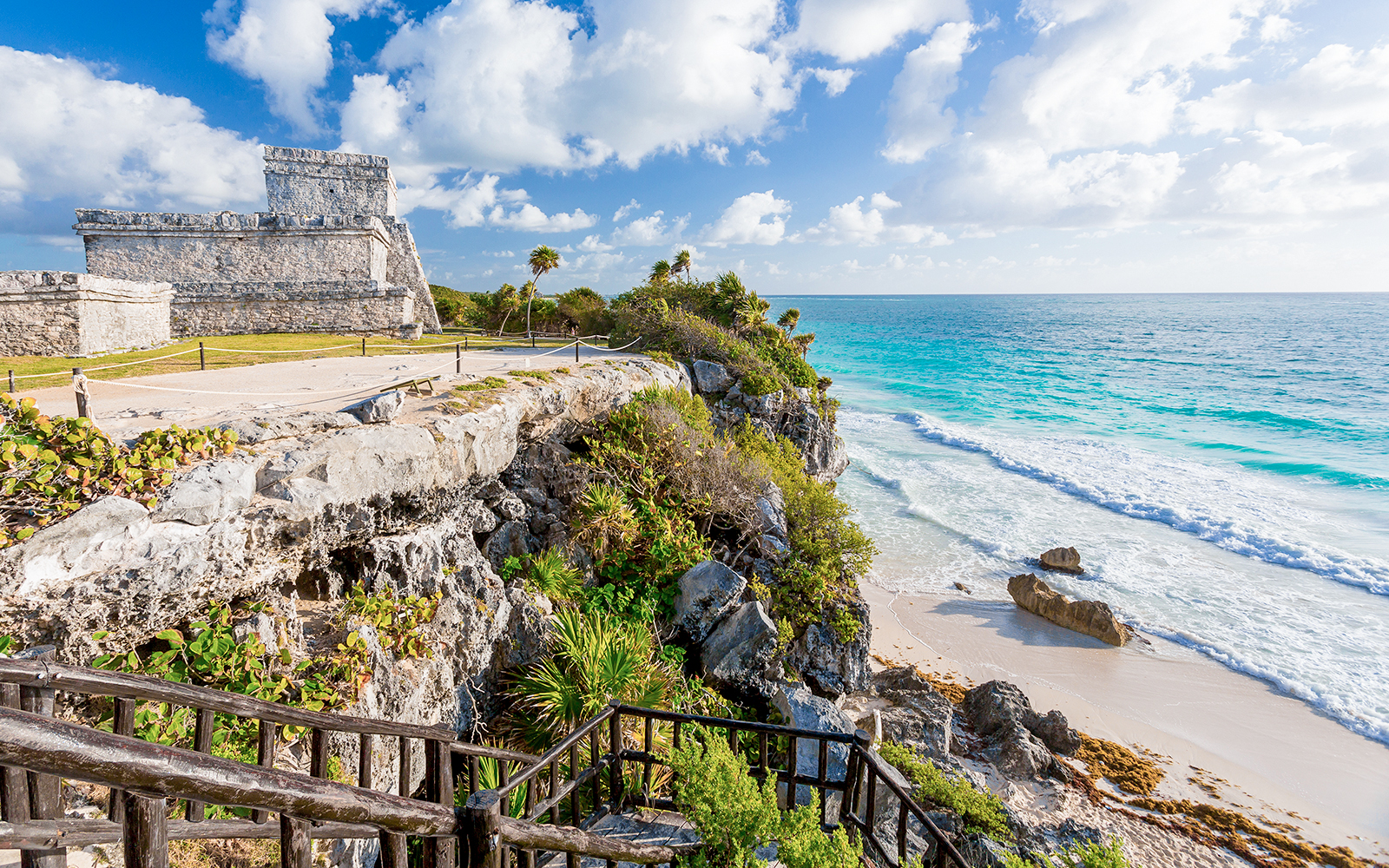 Tulum Wind God temple overlooking the Caribbean Sea in Mexico.