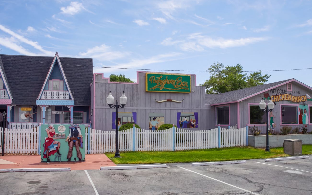 Chicken Ranch Brothel exterior with signage in Nevada.