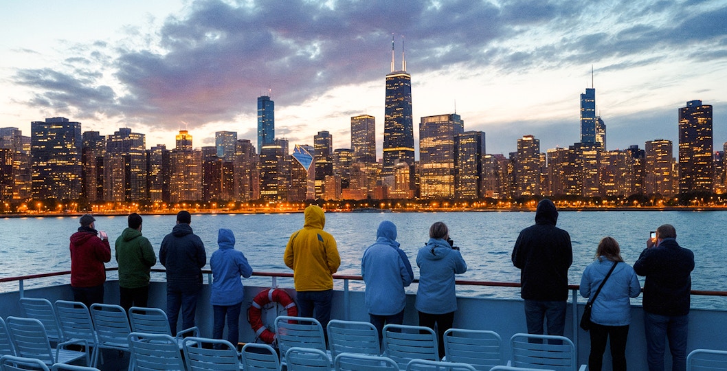 People on a boat deck viewing Chicago skyline at dusk with water and cloudy sky.