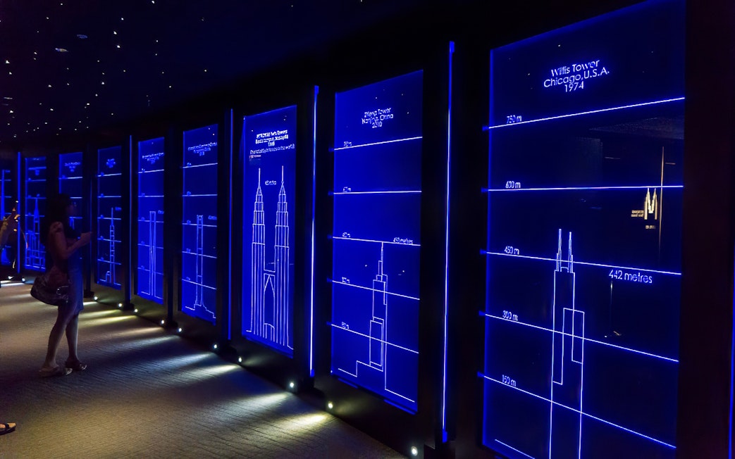 Blueprint displays of skyscrapers at Petronas Twin Towers exhibit in Kuala Lumpur.