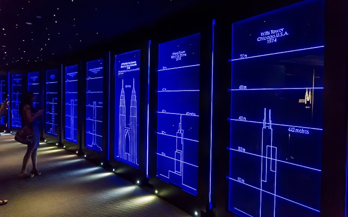 Blueprint displays of skyscrapers at Petronas Twin Towers exhibit in Kuala Lumpur.