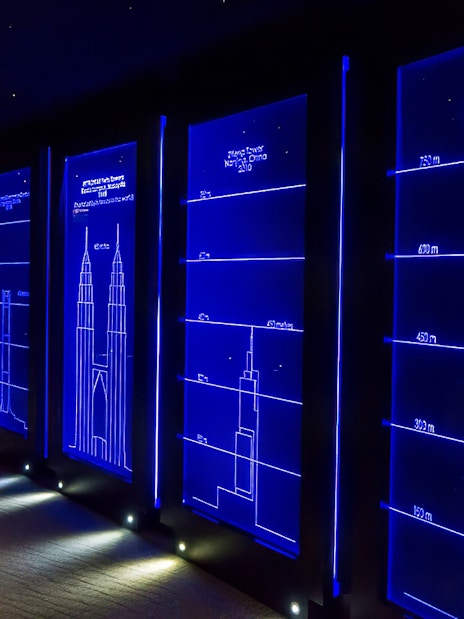Blueprint displays of skyscrapers at Petronas Twin Towers exhibit in Kuala Lumpur.