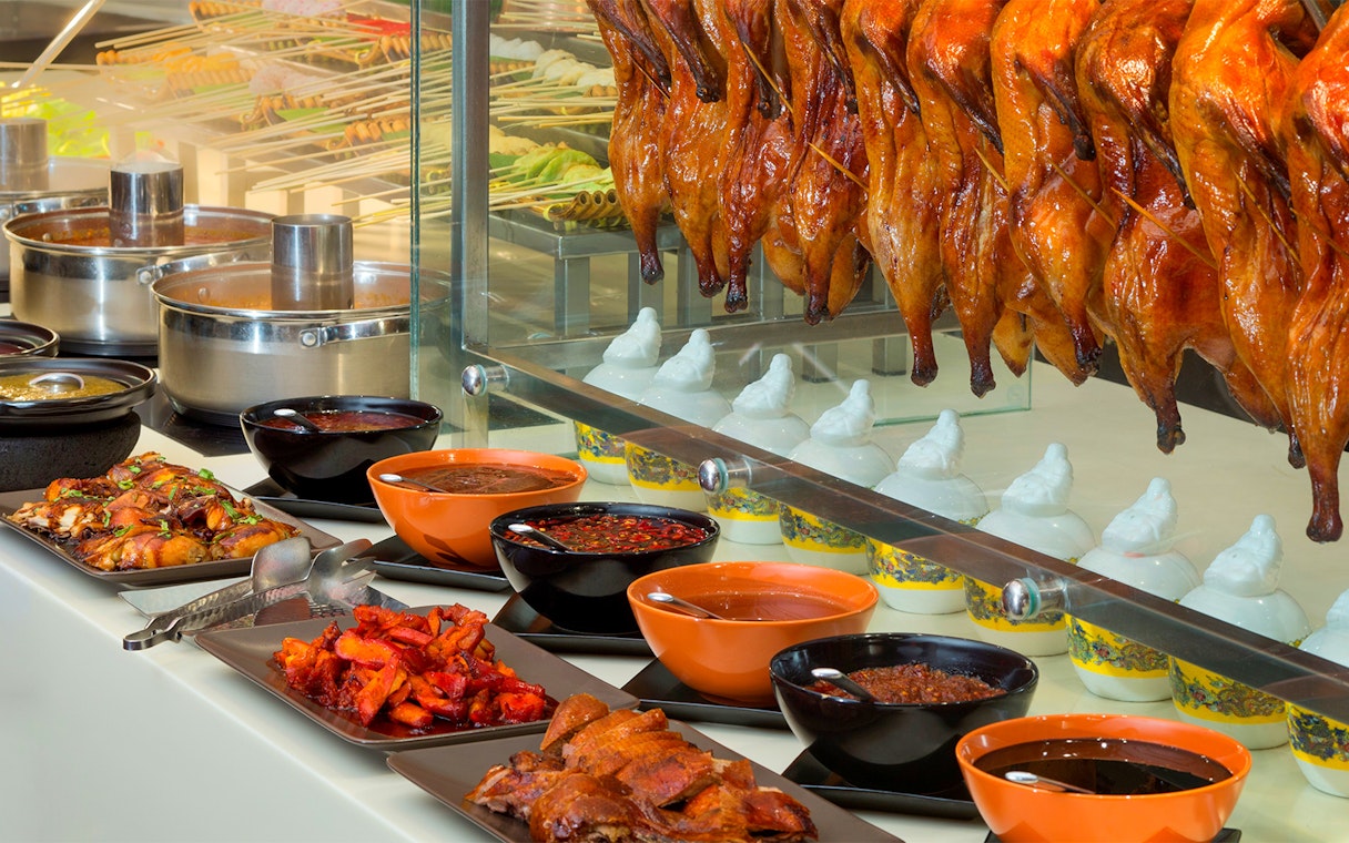 Buffet spread with roasted duck and sauces at Atlantis the Palm, Dubai.