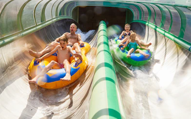Family on Splash Clash ride at Bellewaerde Aquapark.