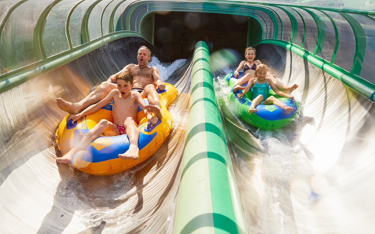 Family on Splash Clash ride at Bellewaerde Aquapark.