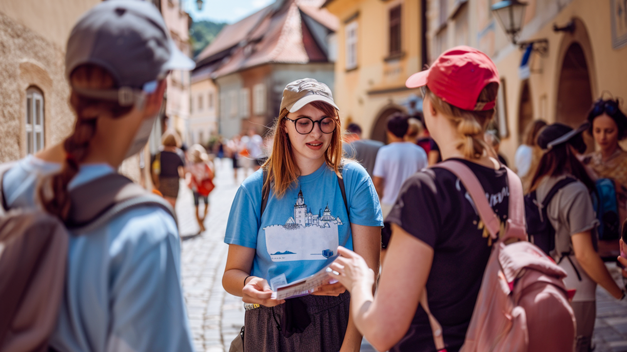 Tour guide explaining history to tourists in Český Krumlov during a day trip from Prague.