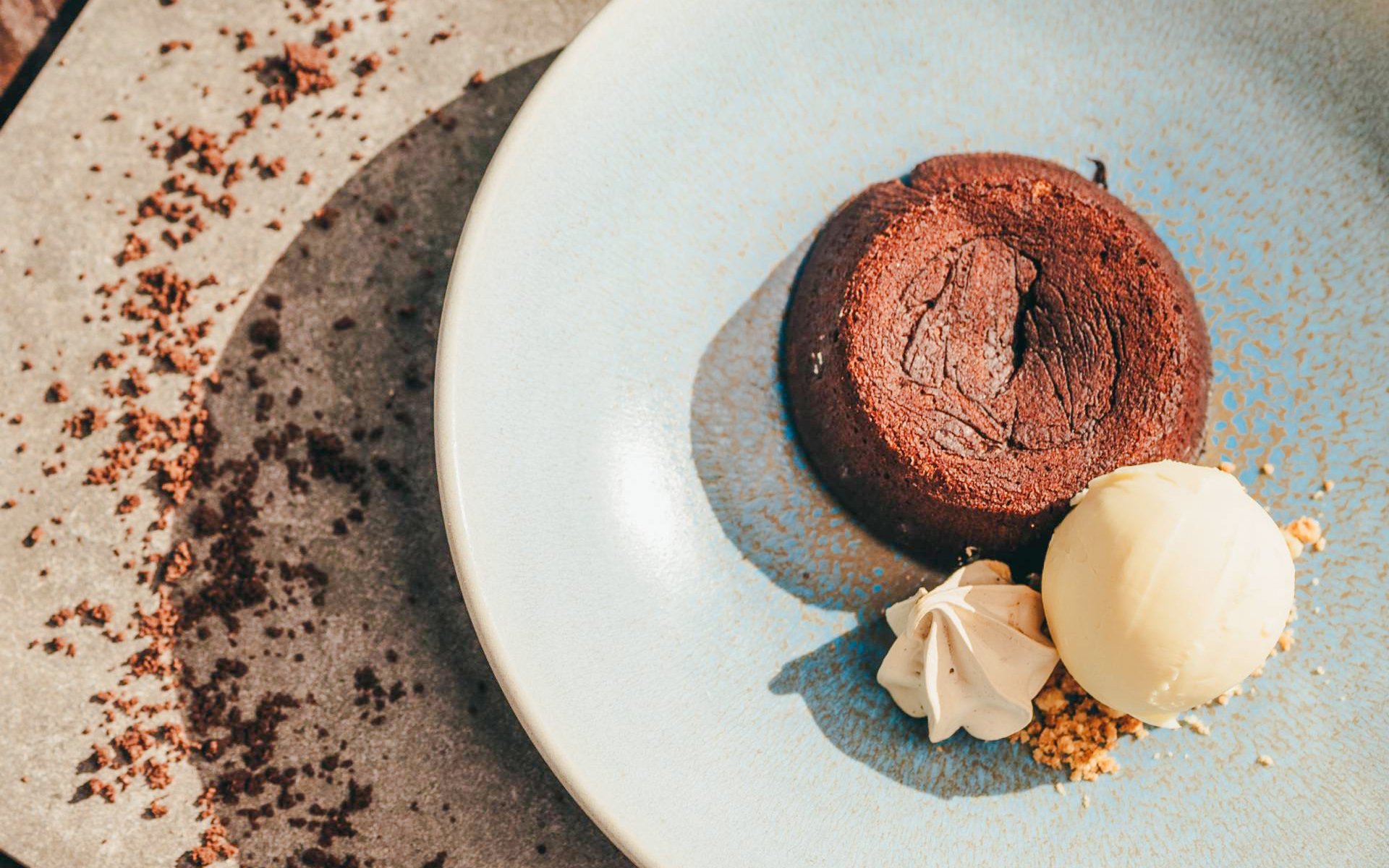 Chocolate lava cake with ice cream at Coloured Earth, Chamarel, Mauritius.
