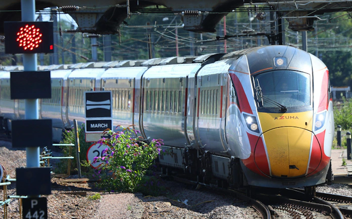High-speed Azuma train on a railway track in London, BritRail Consecutive Pass.