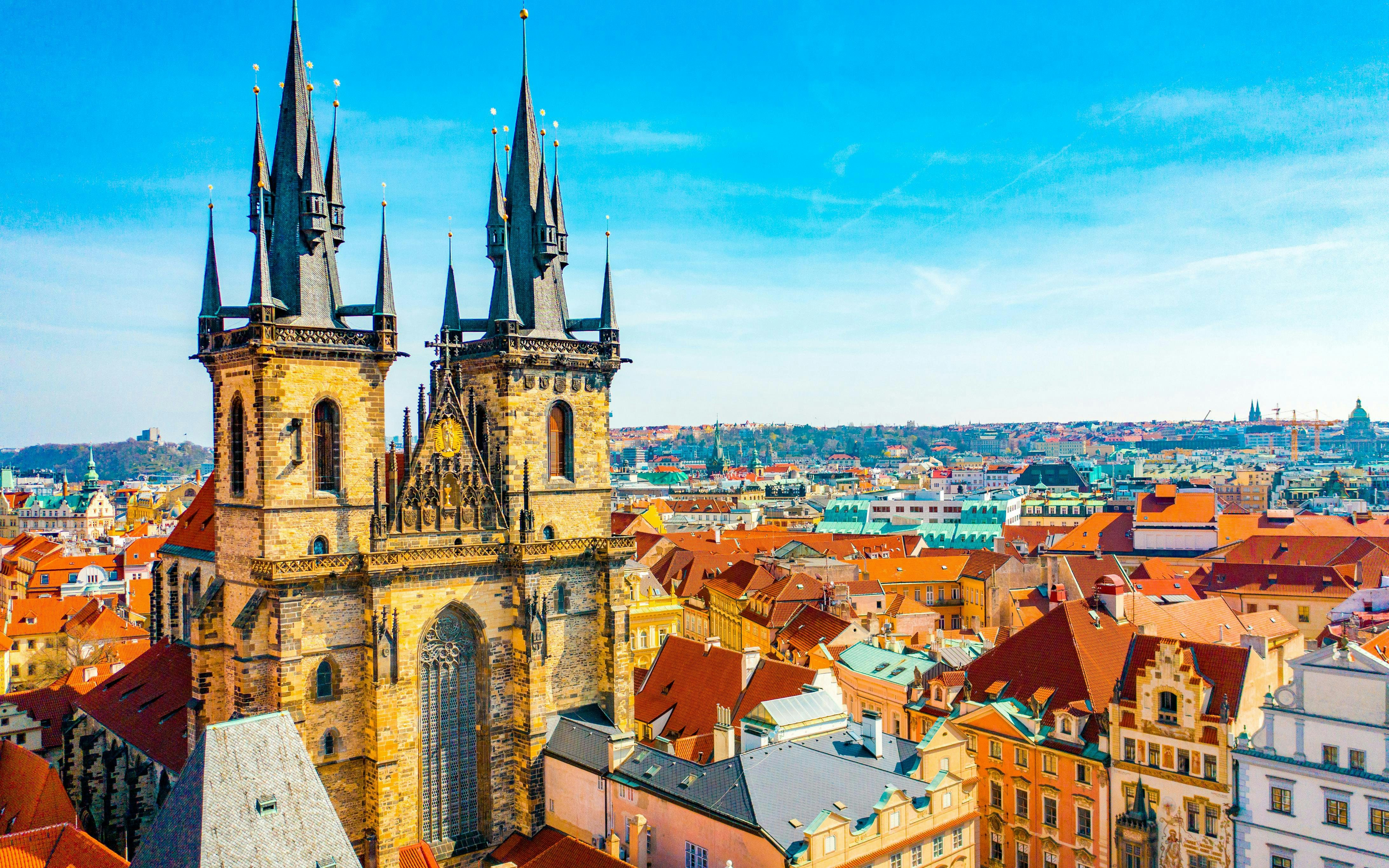 Aerial view of Tyn Church and Old Town Square in Prague, Czech Republic.