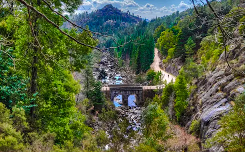 Hiking trail and stone bridge in Peneda-Geres National Park, Porto, surrounded by lush forest.