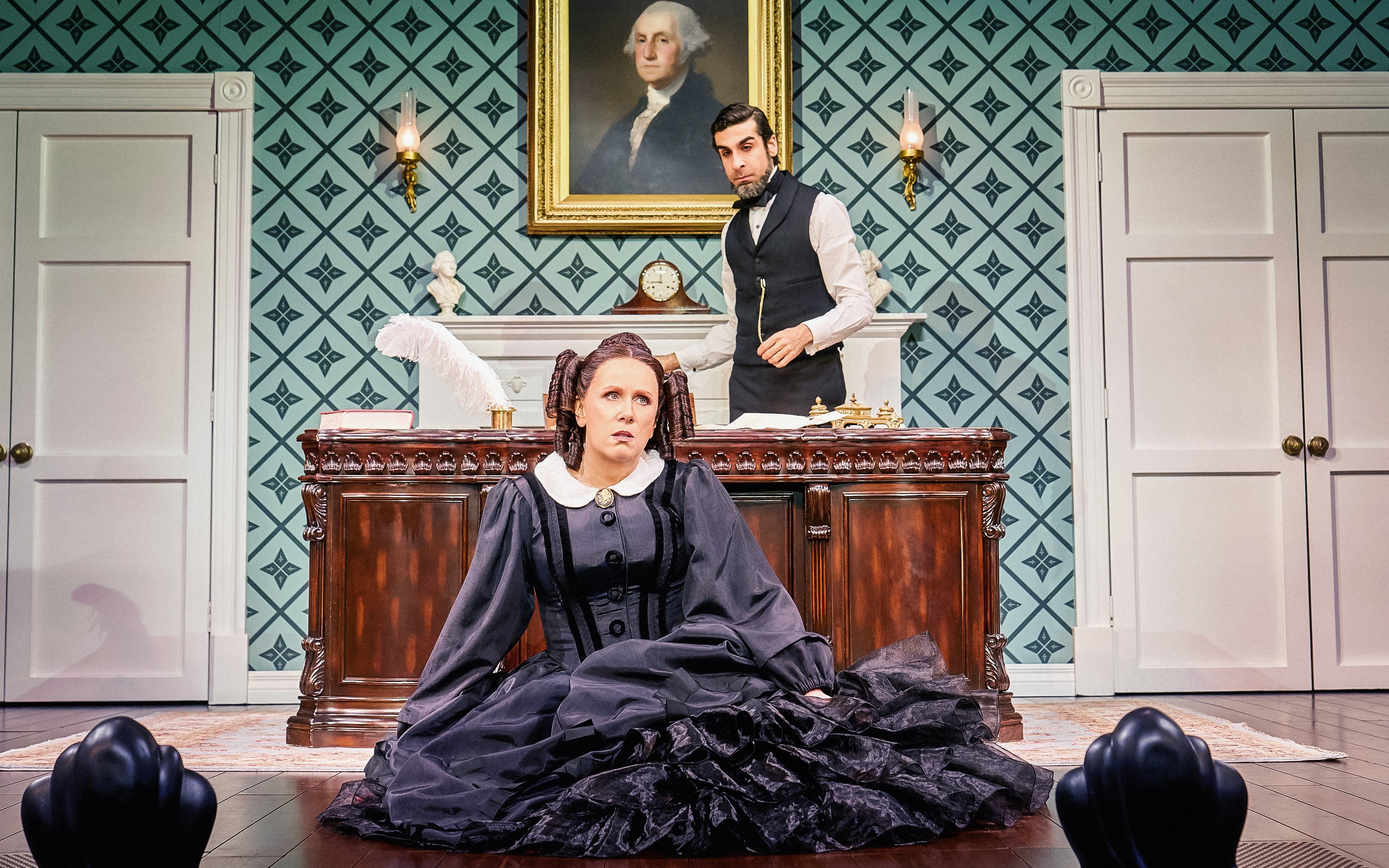 Stage scene from Oh, Mary Westend show with actors in period costumes.