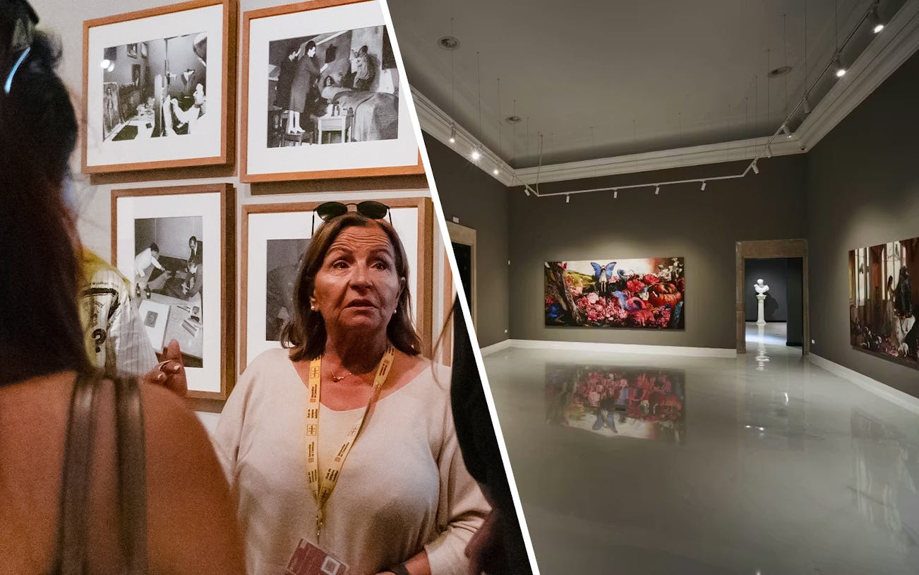 Guide discussing artwork at Picasso Museum, Barcelona.