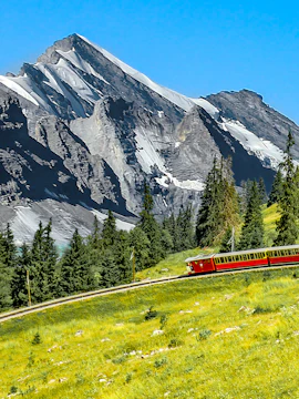 Schynige Platte Railway train on a mountain track in Bernese Highlands, Switzerland.