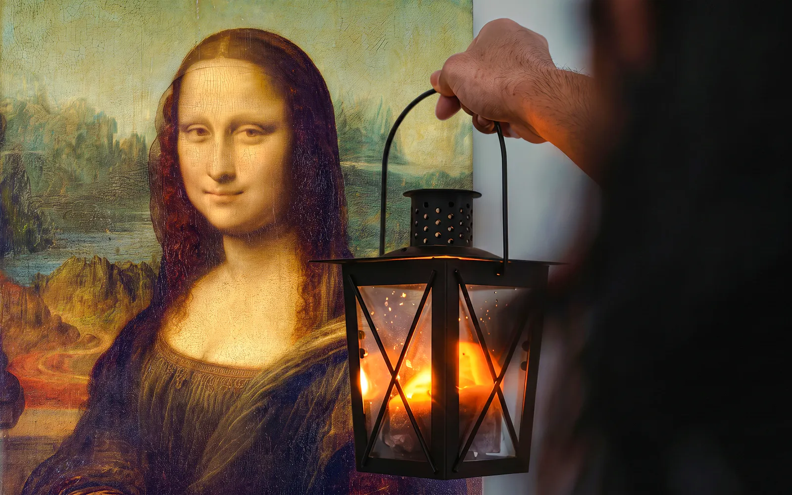 Mona Lisa painting with a hand holding a lantern, Paris mystery tour.