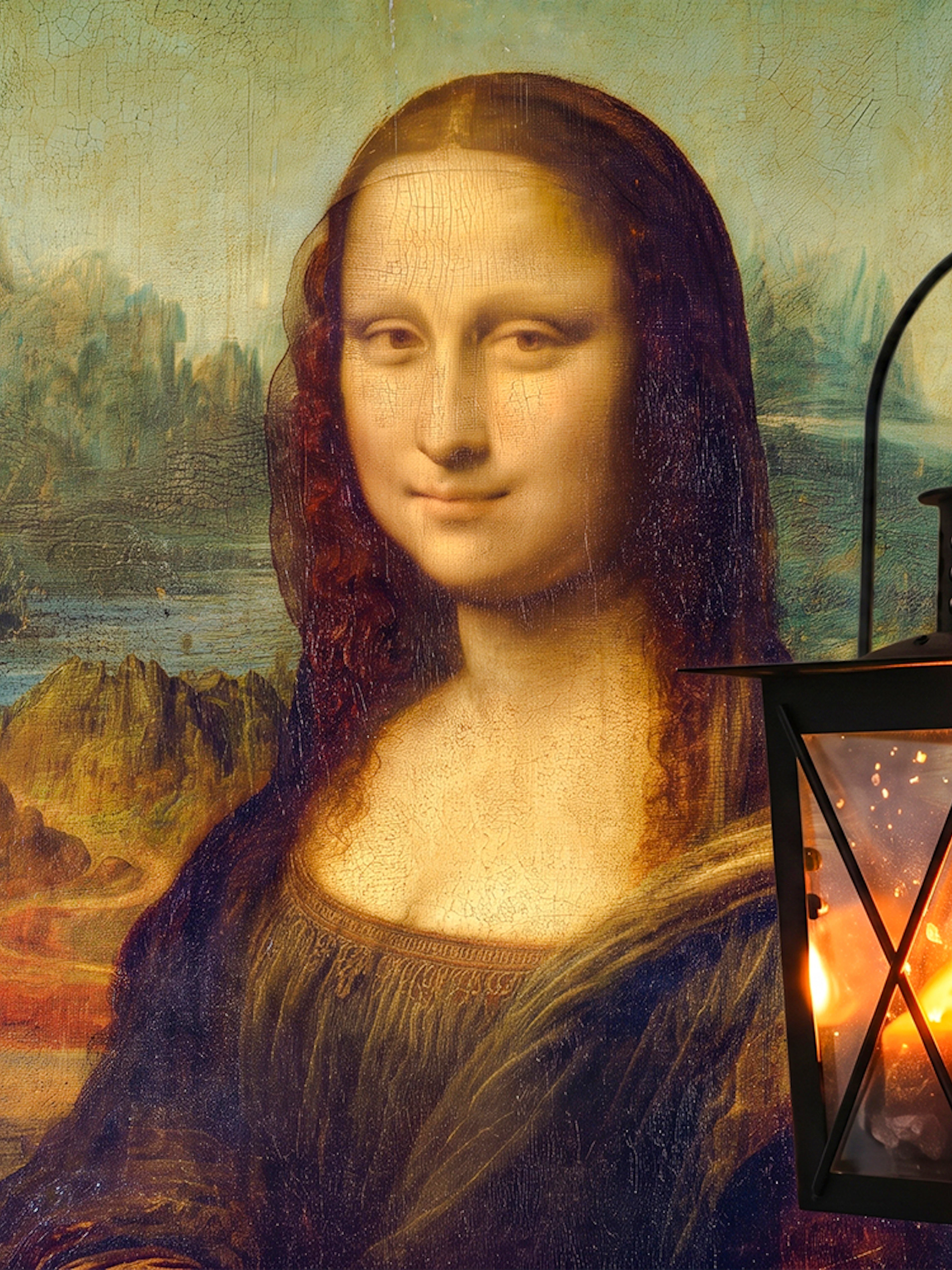 Mona Lisa painting with a hand holding a lantern, Paris mystery tour.