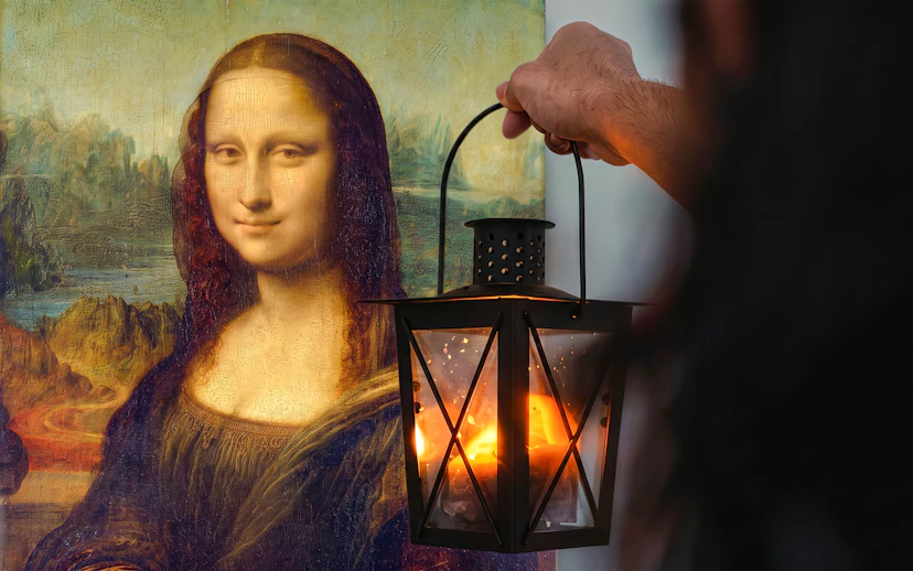 Mona Lisa painting with a hand holding a lantern, Paris mystery tour.