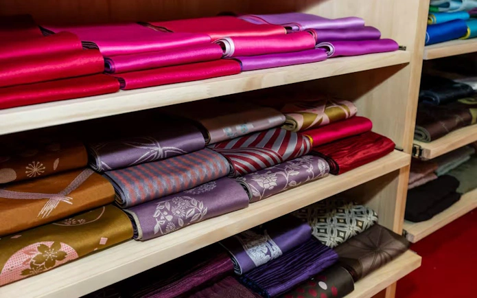 Kimono fabrics on shelves for Tea Ceremony Experience in Shinjuku.