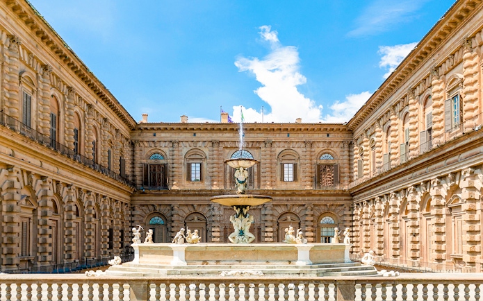 Pitti Palace exterior view in Florence, Italy, showcasing Renaissance architecture.