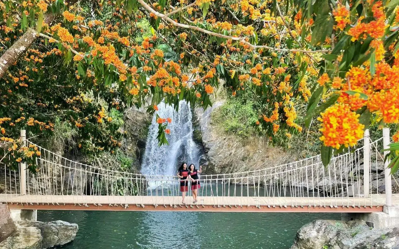Suspension bridge over a waterfall with orange flowers in Da Nang.
